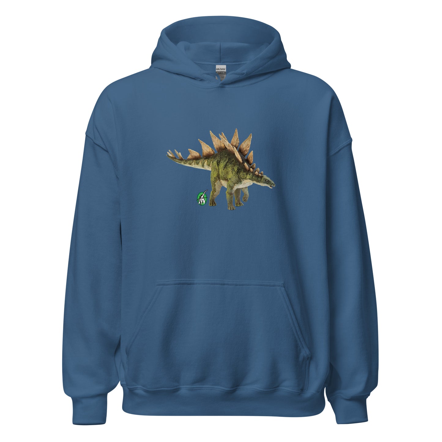 Men's indigo hoodie with a printed graphic of a life like dinosaur, designed by Wizard Prints