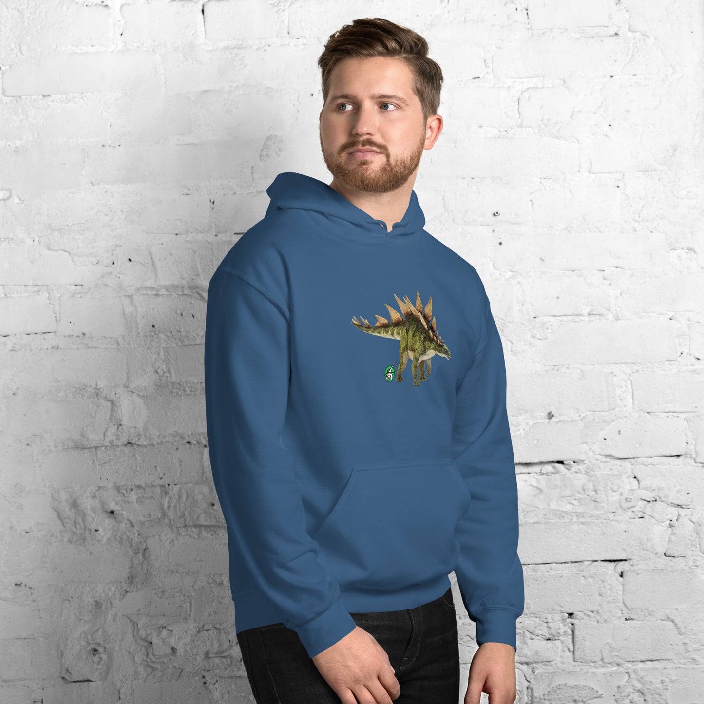 Men's indigo hoodie with a printed graphic of a life like dinosaur, designed by Wizard Prints