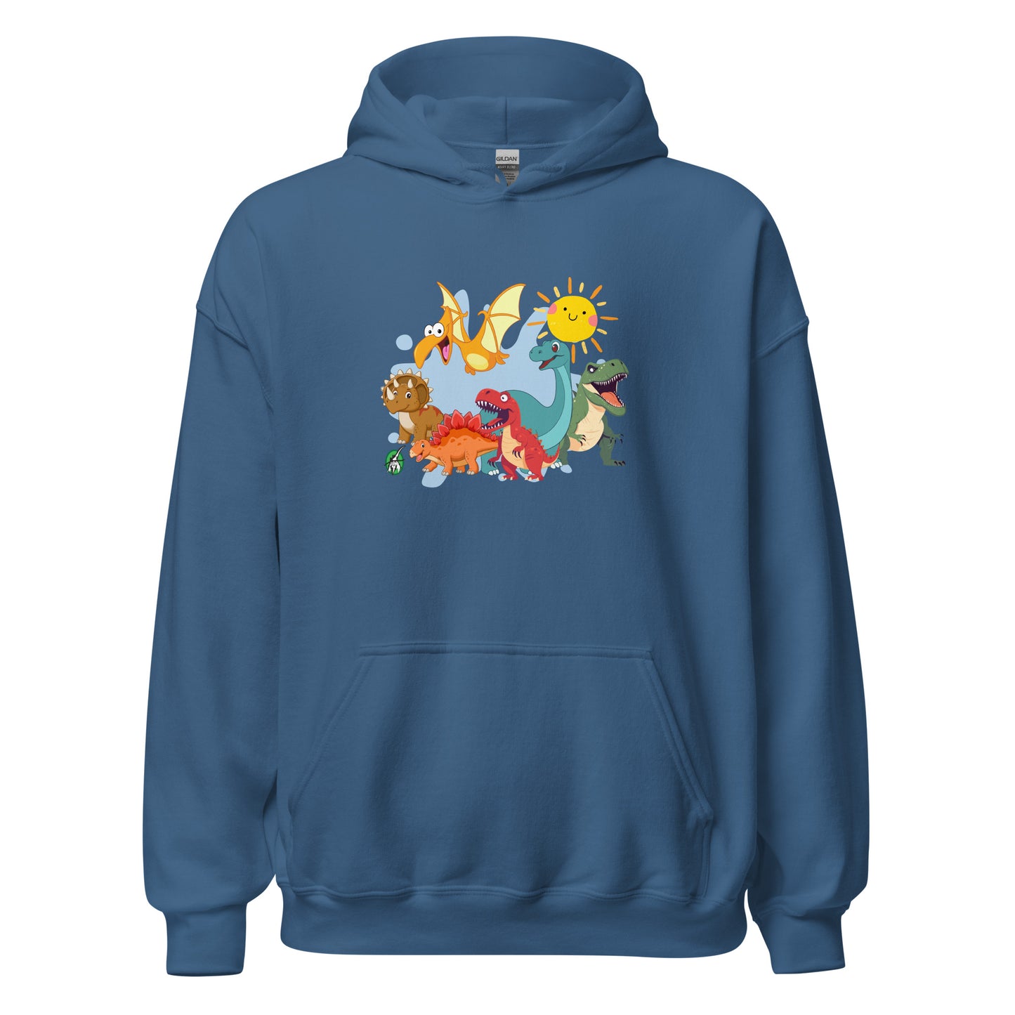 Mens indigo hoodie with a printed graphic of different colorful dinosaur types and the sun. Designed by Wizard Prints.