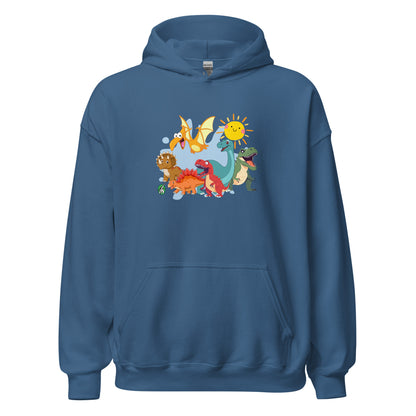 Mens indigo hoodie with a printed graphic of different colorful dinosaur types and the sun. Designed by Wizard Prints.