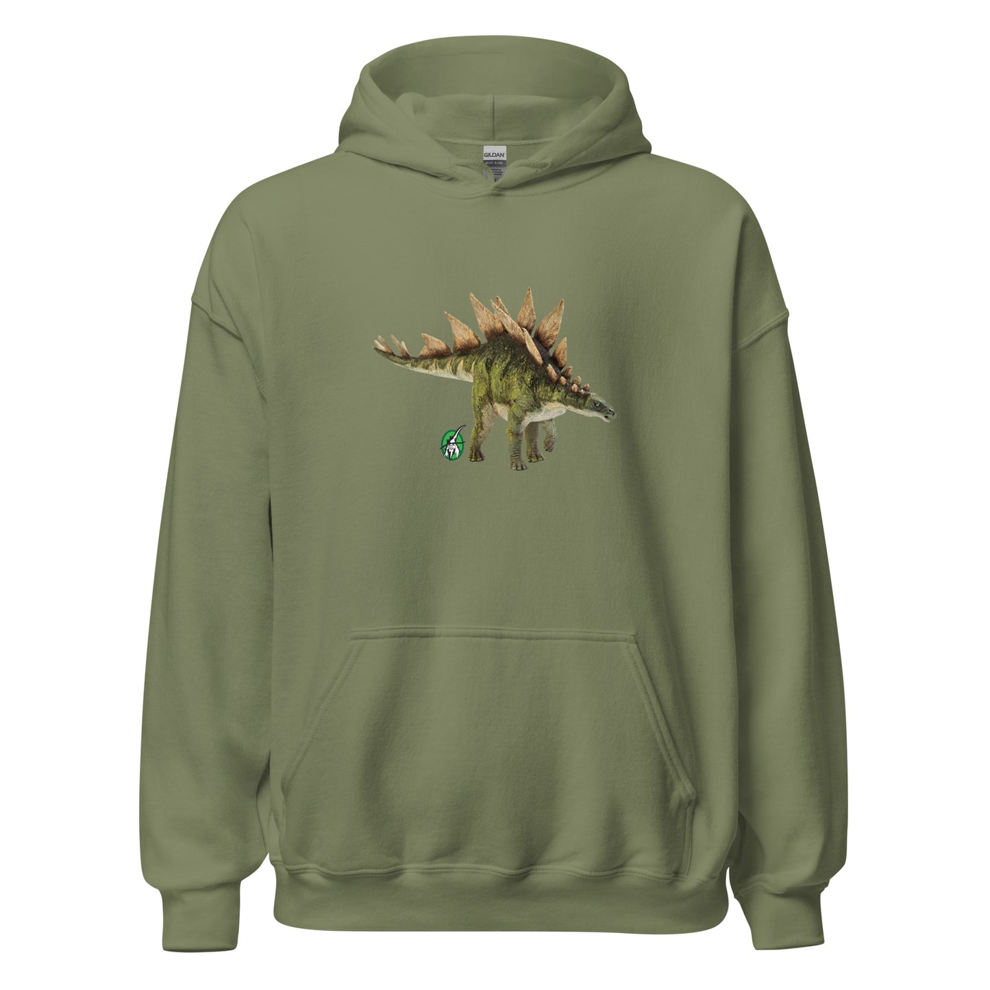 Men's military green hoodie with a printed graphic of a life like dinosaur, designed by Wizard Prints