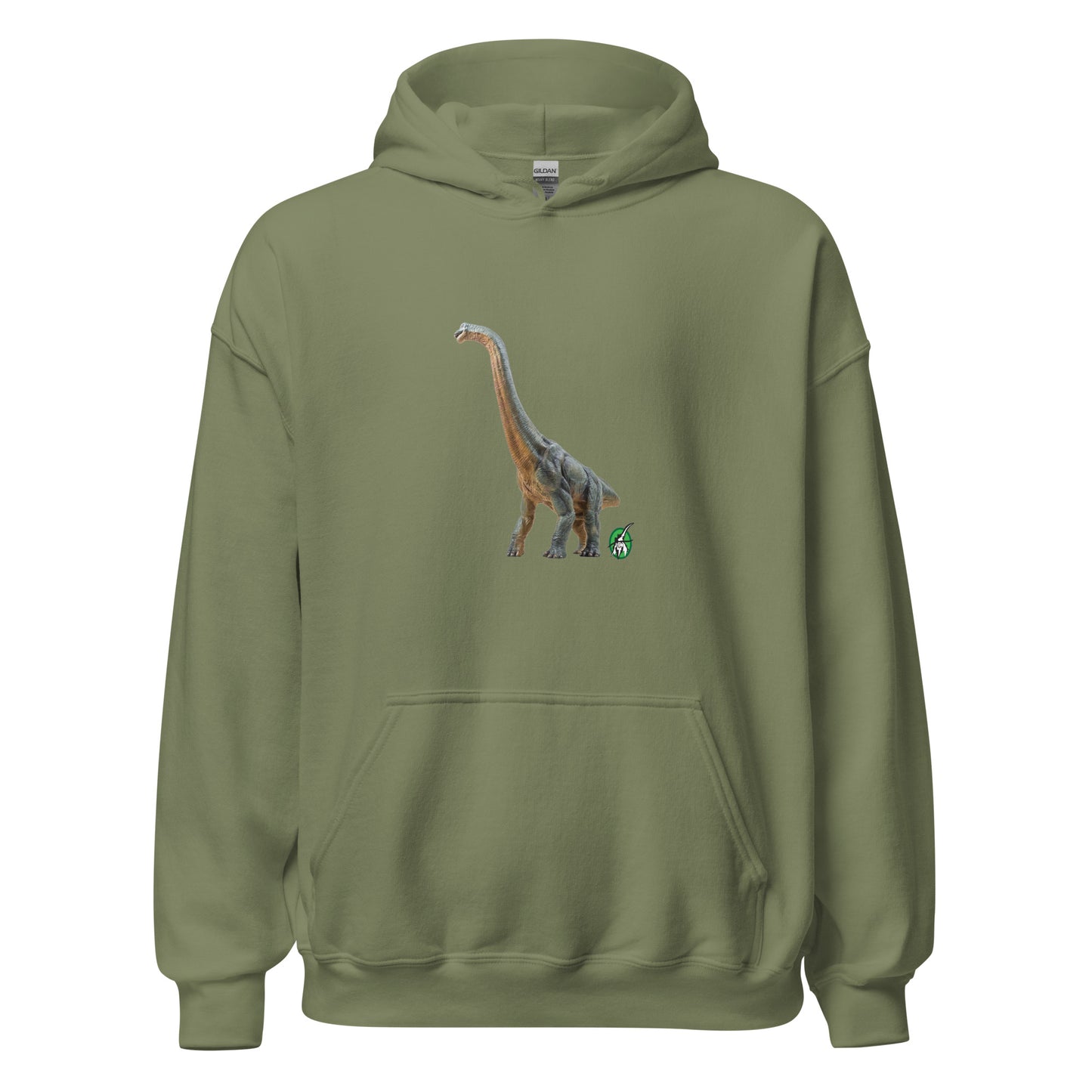 Men's military green hoodie with a printed graphic of a life like dinosaur, designed by Wizard Prints