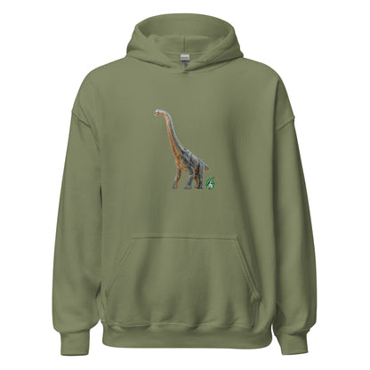 Men's military green hoodie with a printed graphic of a life like dinosaur, designed by Wizard Prints
