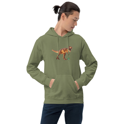 A man standing wearing a military green hoodie with a printed graphic of a life like dinosaur. Designed by Wizard Prints.