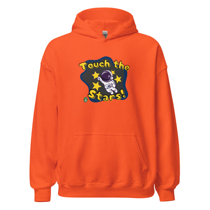 Men's orange hoodie with a printed graphic of a cartoon astronaut and the words, Touch the Stars. Designed by Wizard Prints.