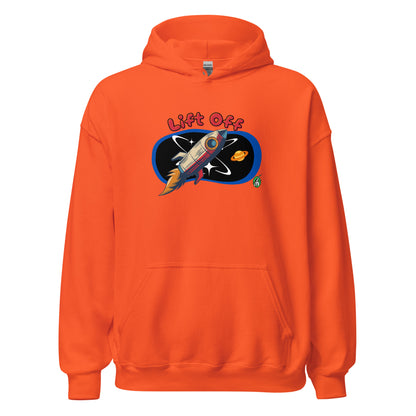 Men's orange hoodie with a printed graphic of a rocket and the words, Lift Off. Designed by Wizard Prints.