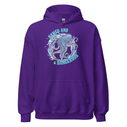 A men's purple hoodie with the graphic of an octopus and the text, Armed and Dangerous by Wizard Prints Shop.