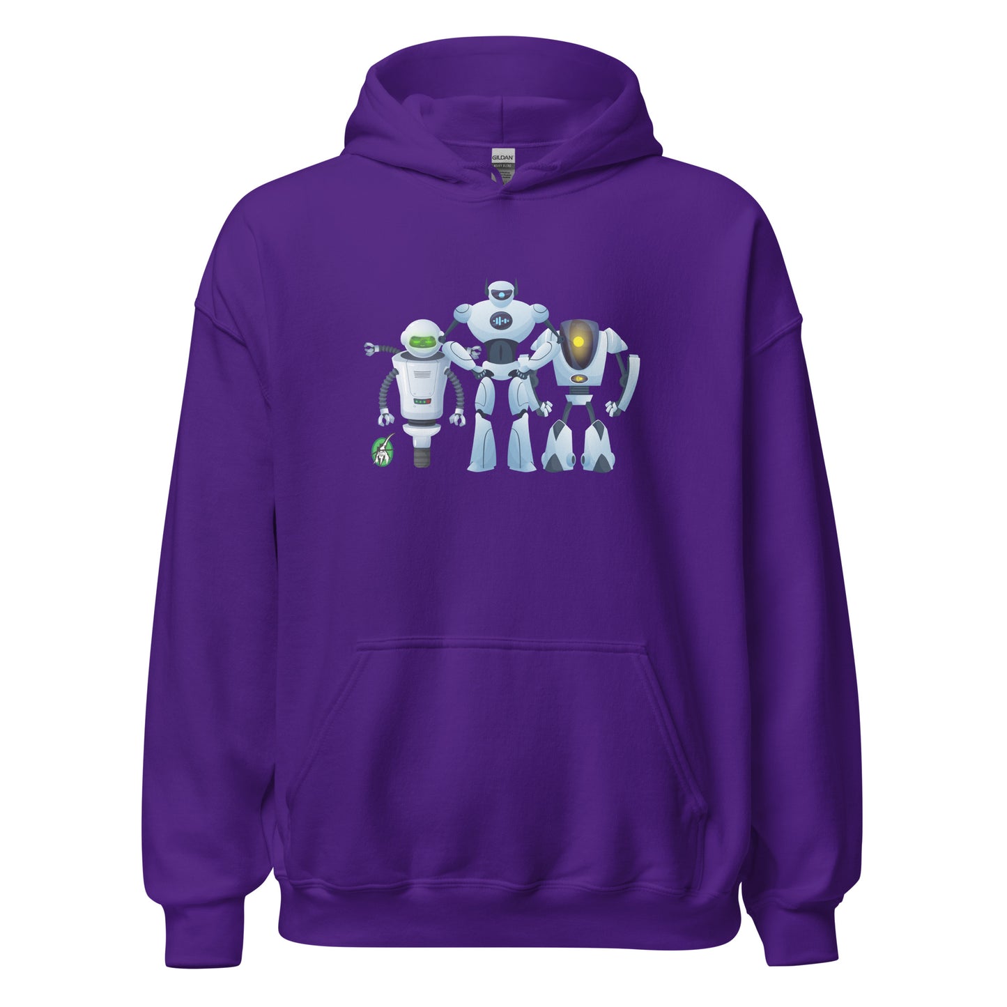 Men's purple hoodie with a printed graphic of three cartoon robots, designed by Wizard Prints