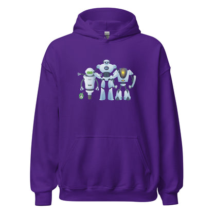 Men's purple hoodie with a printed graphic of three cartoon robots, designed by Wizard Prints