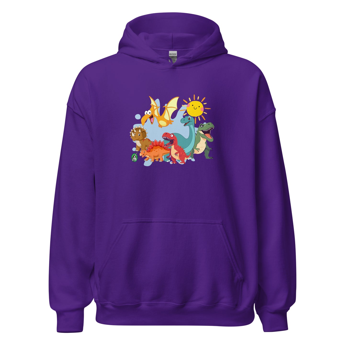 Mens purple hoodie with a printed graphic of different colorful dinosaur types and the sun. Designed by Wizard Prints.
