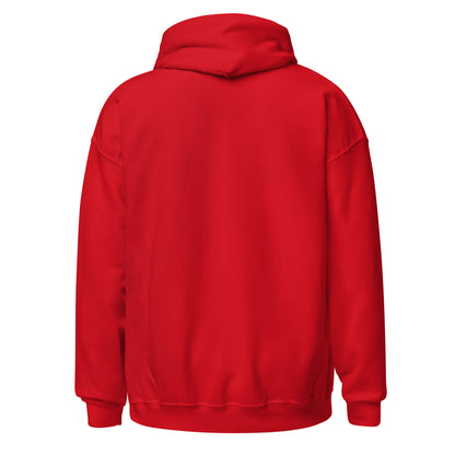 Back view of a men's red hoodie by Wizard Prints Shop