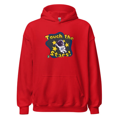 Men's red hoodie with a printed graphic of a cartoon astronaut and the words, Touch the Stars. Designed by Wizard Prints.