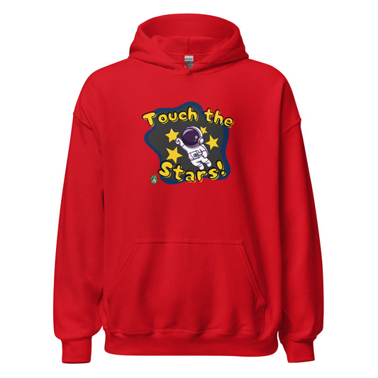 Men's red hoodie with a printed graphic of a cartoon astronaut and the words, Touch the Stars. Designed by Wizard Prints.