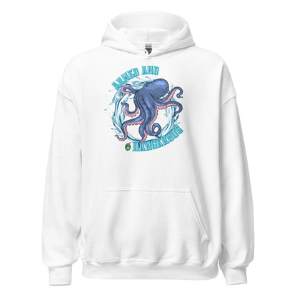 A men's white hoodie with the graphic of an octopus and the text, Armed and Dangerous by Wizard Prints Shop.