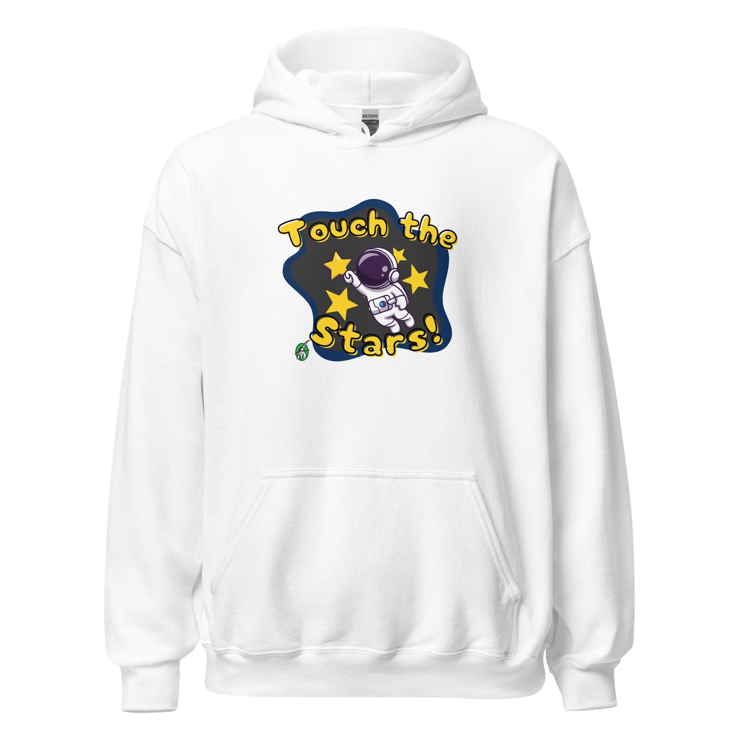 Men's white hoodie with a printed graphic of a cartoon astronaut and the words, Touch the Stars. Designed by Wizard Prints.