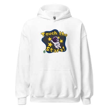 Men's white hoodie with a printed graphic of a cartoon astronaut and the words, Touch the Stars. Designed by Wizard Prints.