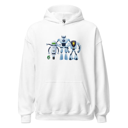 Men's white hoodie with a printed graphic of three cartoon robots, designed by Wizard Prints