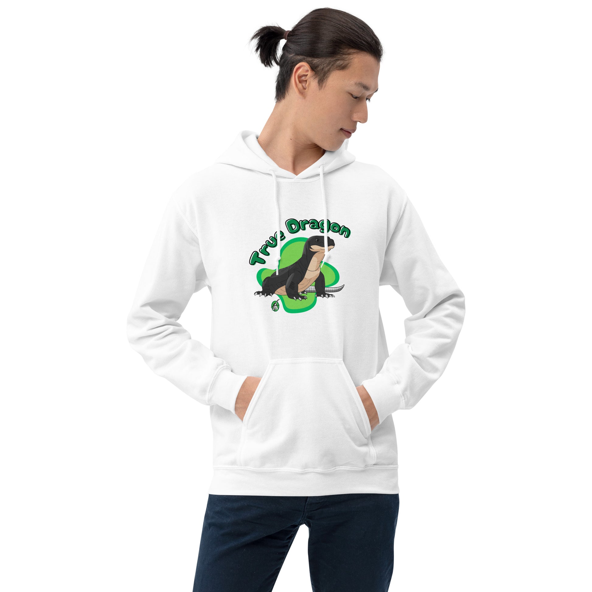 A man standing wearing a white hoodie with a printed graphic of a komodo dragon and the words, True Dragon. Designed by Wizard Prints.