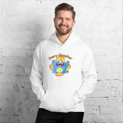A man standing wearing a white hoodie with a printed graphic of a cartoon monster and the words, Scary Monster. Designed by Wizard Prints.