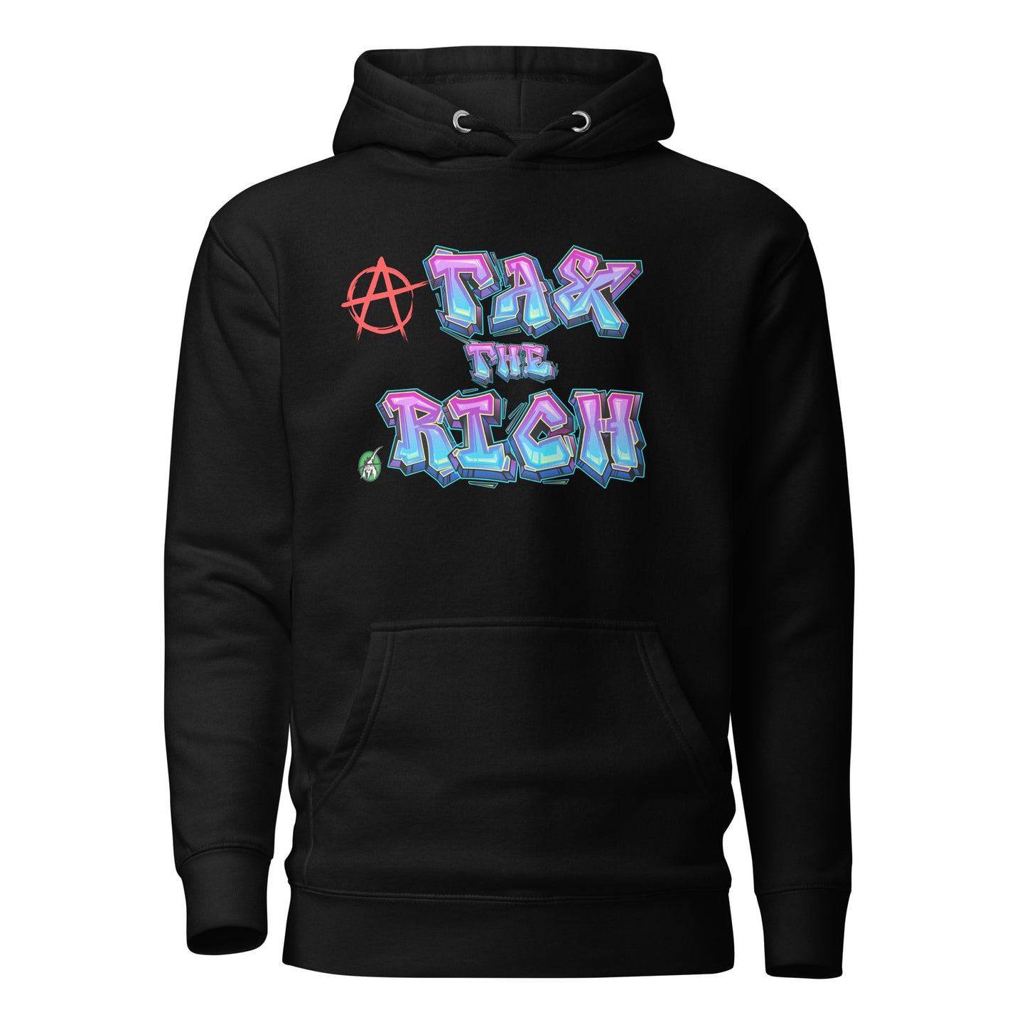 A Wizard Prints men's graphic rebel hoodie in black with a printed graphic on the front of Tax the Rich graphitti style 