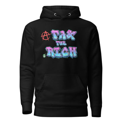 A Wizard Prints men's graphic rebel hoodie in black with a printed graphic on the front of Tax the Rich graphitti style 