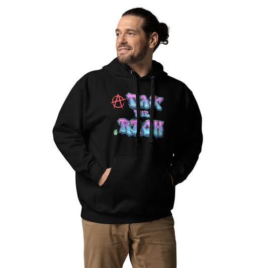 A Wizard Prints men's graphic rebel hoodie in black with a printed graphic on the front of Tax the Rich graphitti style 