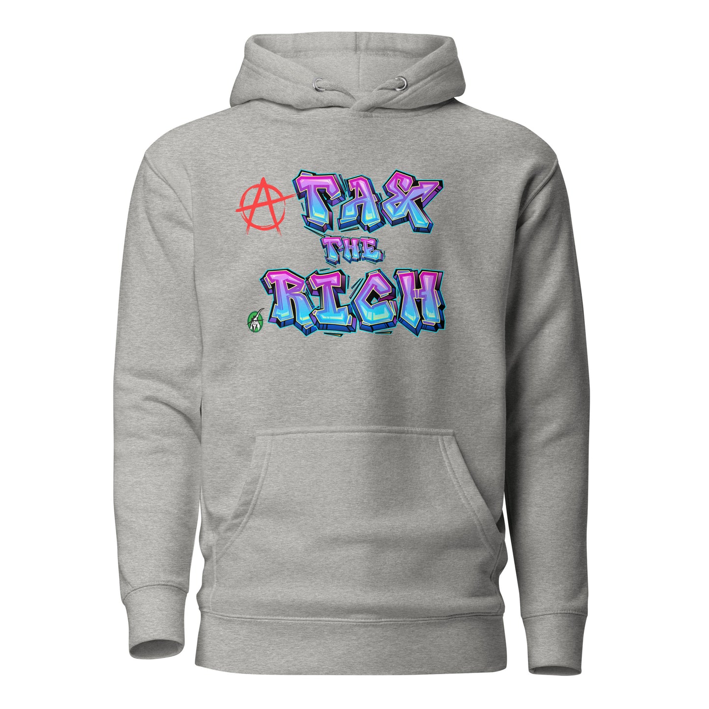 A Wizard Prints men's graphic rebel hoodie in grey with a printed graphic on the front of Tax the Rich graffiti style 