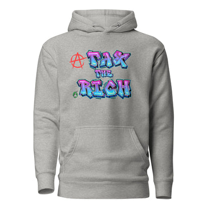 A Wizard Prints men's graphic rebel hoodie in grey with a printed graphic on the front of Tax the Rich graffiti style 