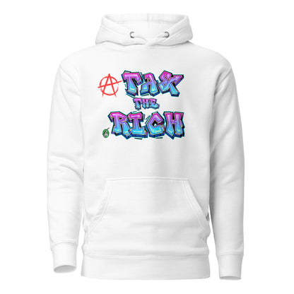 A Wizard Prints men's graphic rebel hoodie in white with a printed graphic on the front of Tax the Rich graphitti style 