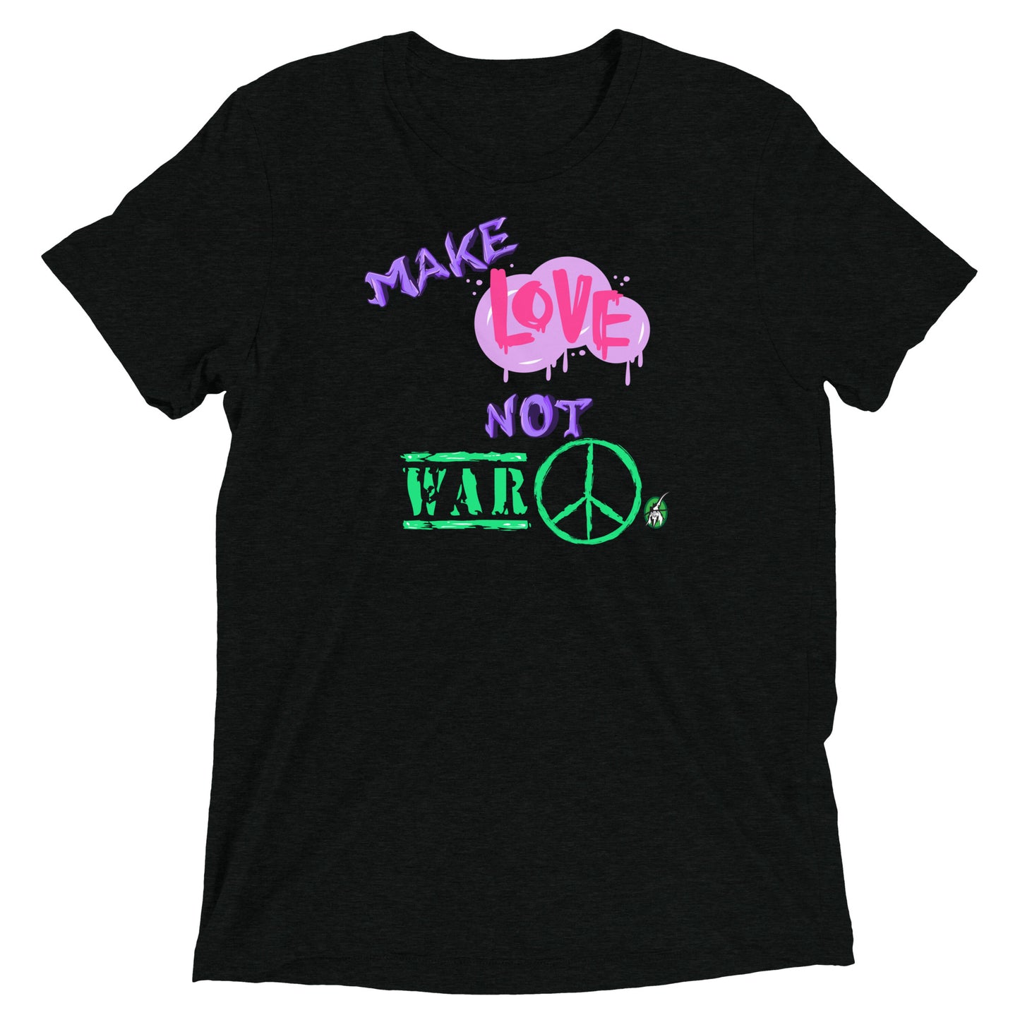 A Wizard Prints men's graphic rebel t-shirt in black with a printed graphic on the front of Make-Love-Not-War graphitti style 