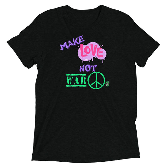 A Wizard Prints men's graphic rebel t-shirt in black with a printed graphic on the front of Make-Love-Not-War graphitti style 