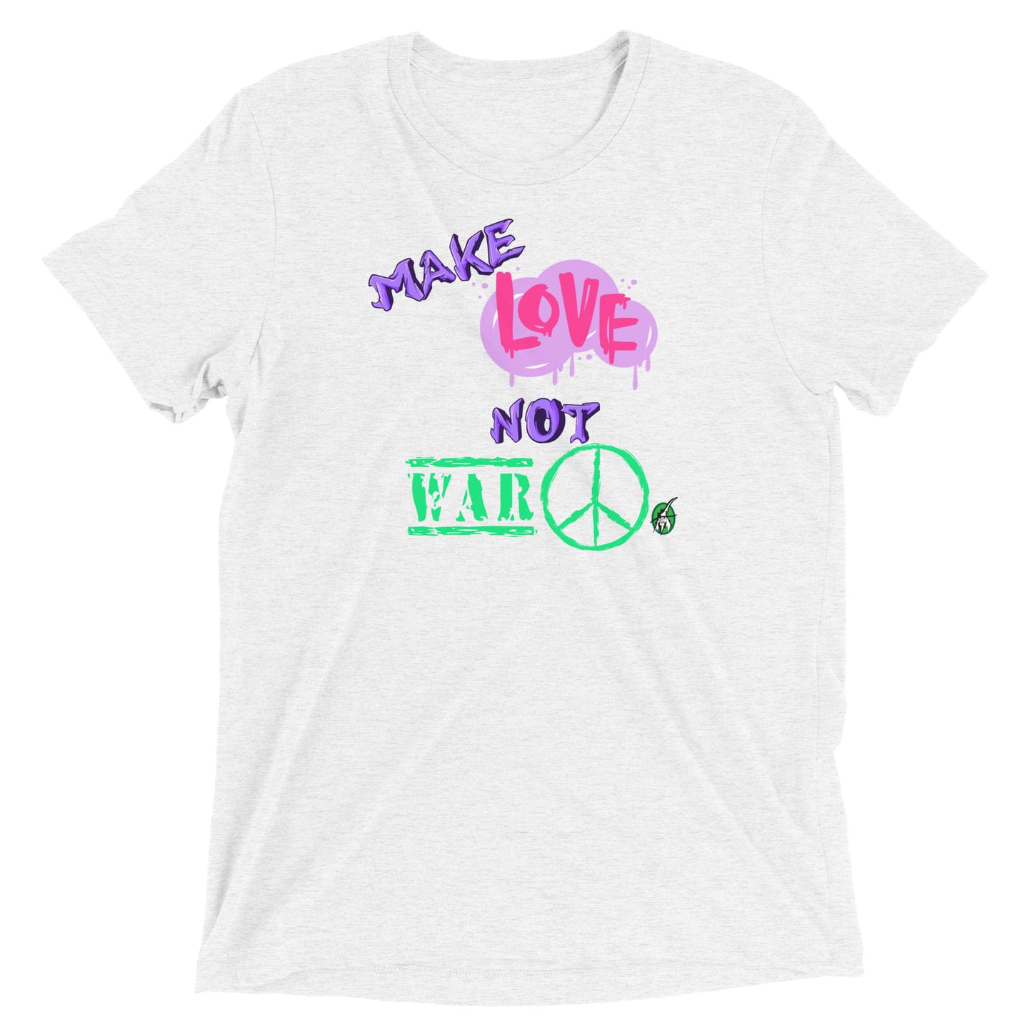 A Wizard Prints men's graphic rebel t-shirt in white with a printed graphic on the front of Make-Love-Not-War graphitti style 