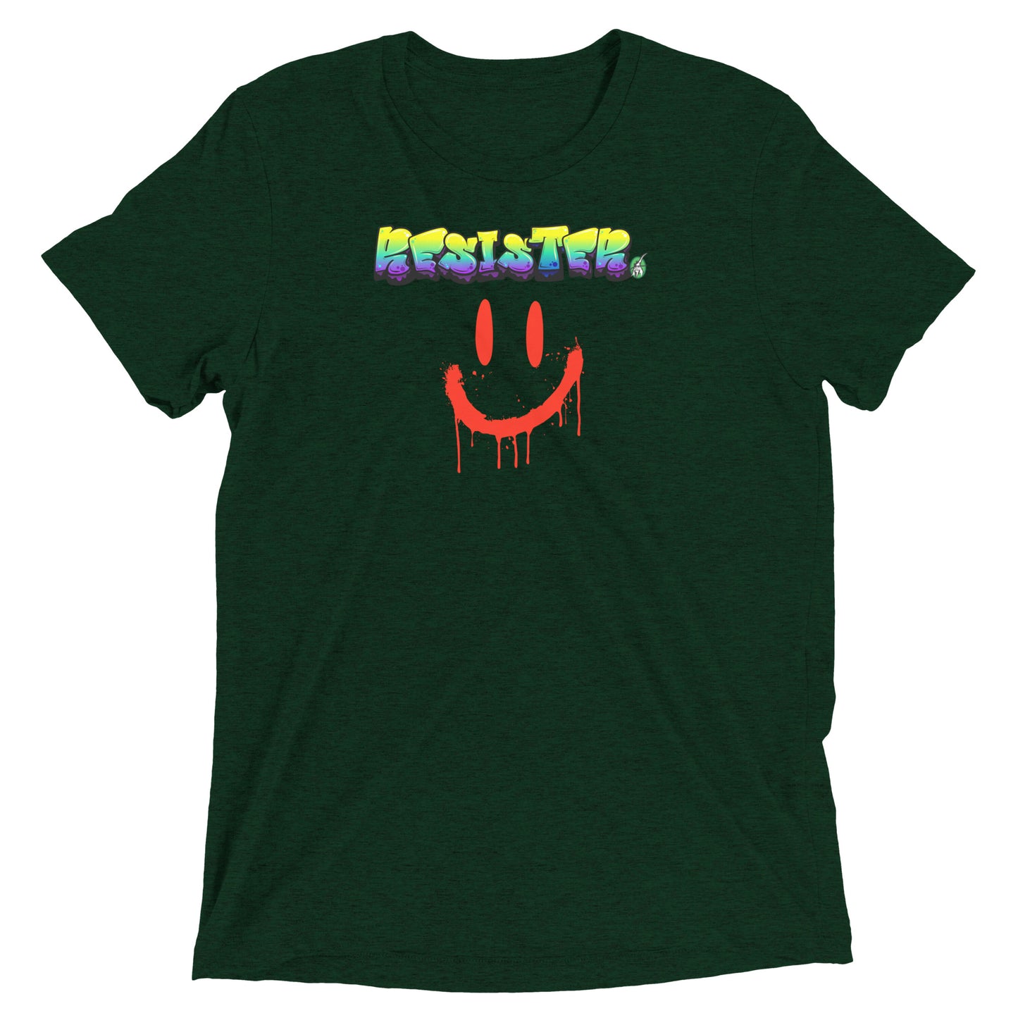 A Wizard Prints men's graphic rebel t-shirt in black with a printed graphic on the front of Resister with weird smiley face graphitti style 