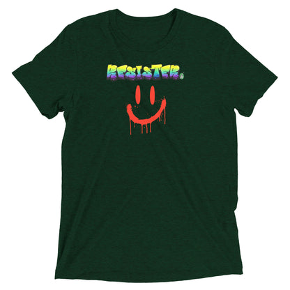 A Wizard Prints men's graphic rebel t-shirt in black with a printed graphic on the front of Resister with weird smiley face graphitti style 