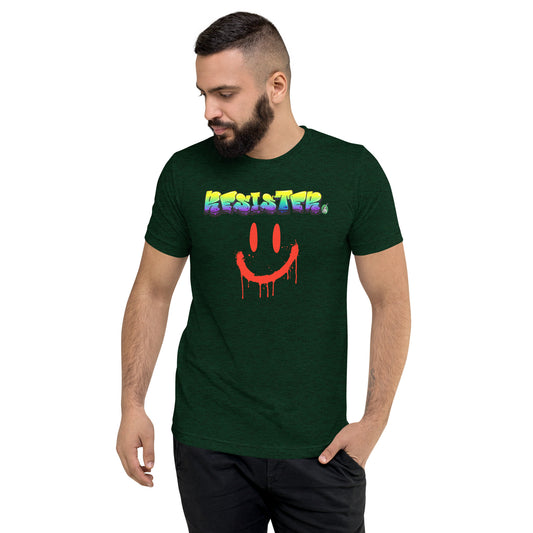A Wizard Prints men's graphic rebel t-shirt in green with a printed graphic on the front of Resister with weird smiley face graphitti style 