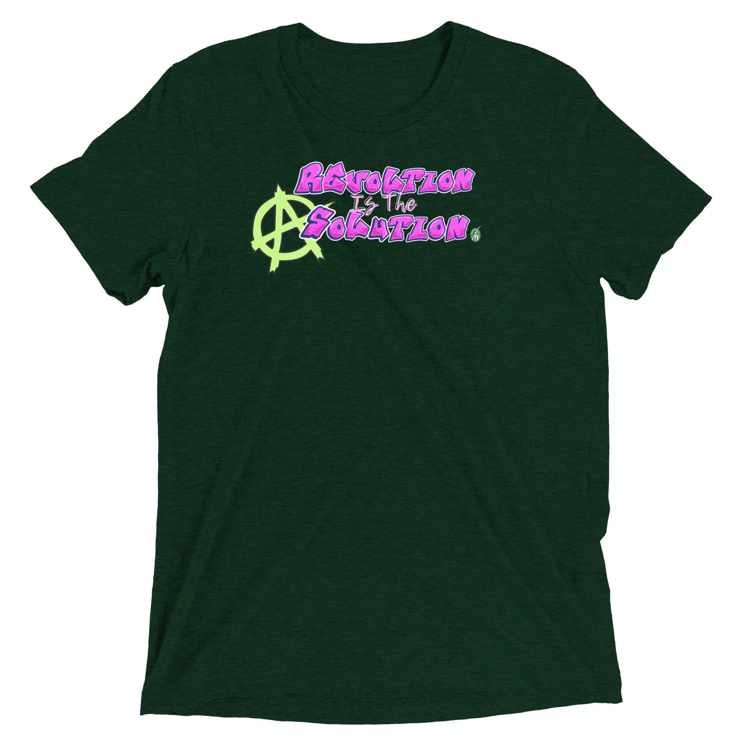 A Wizard Prints men's graphic rebel t-shirt in green with a printed graphic on the front of Revolution is the Solution graphitti style 