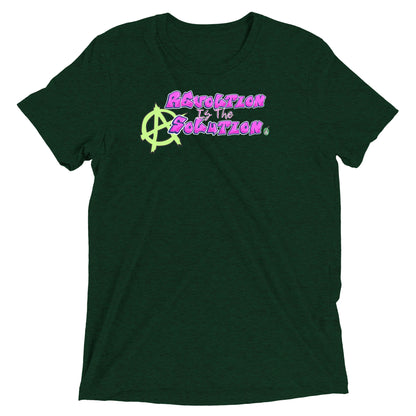 A Wizard Prints men's graphic rebel t-shirt in green with a printed graphic on the front of Revolution is the Solution graphitti style 