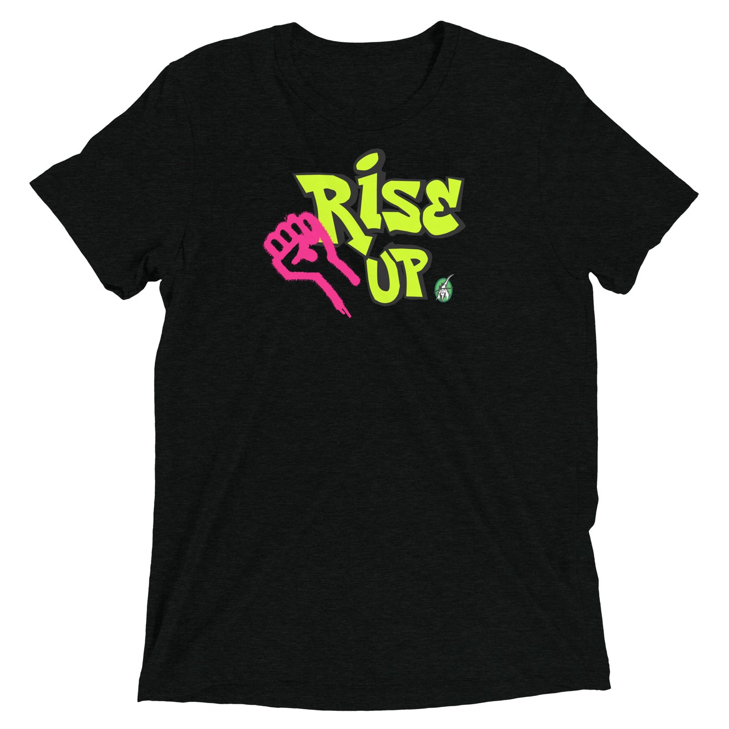 A Wizard Prints men's graphic rebel t-shirt in black with a printed graphic on the front of Rise Up graphitti style 