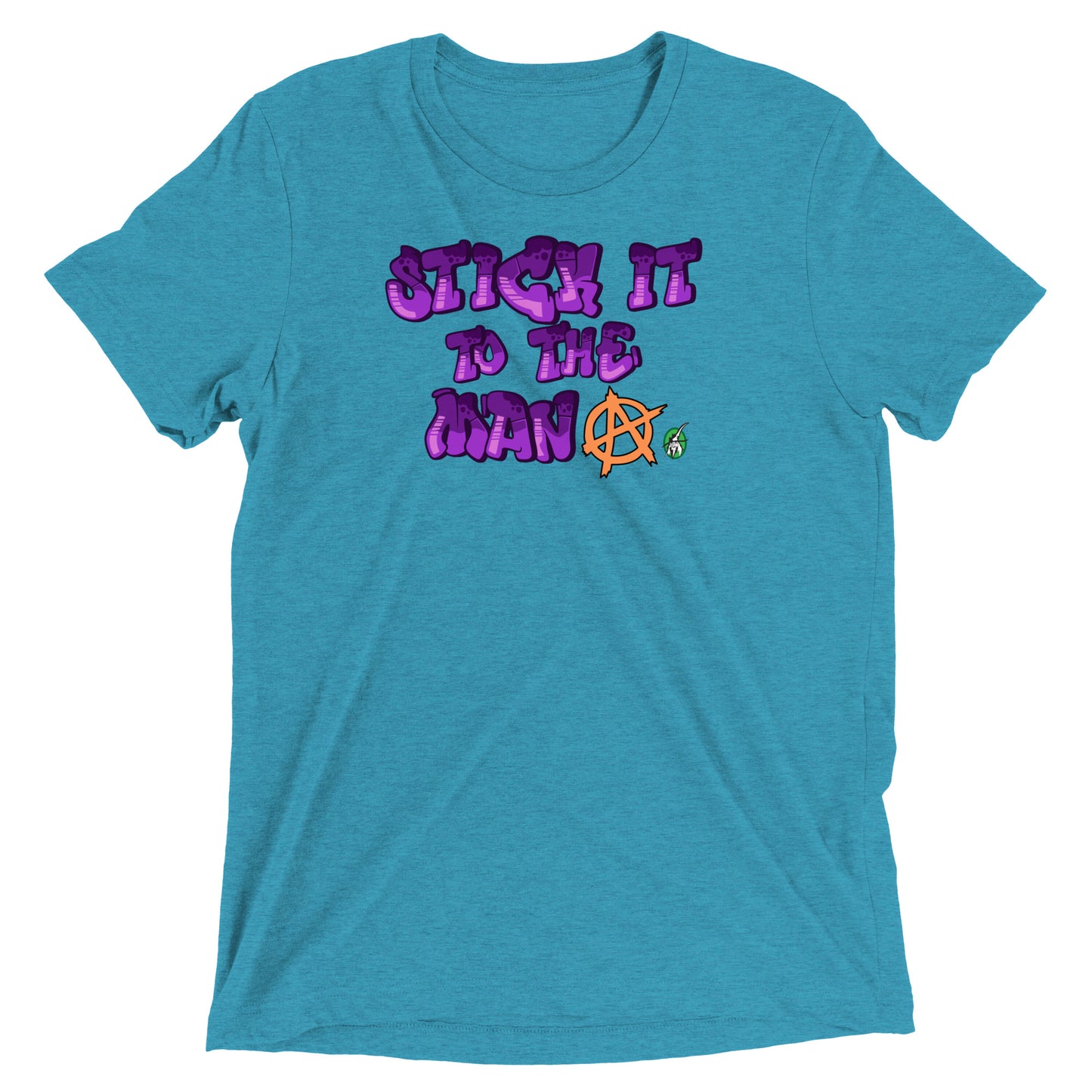 A Wizard Prints men's graphic rebel t-shirt in aqua with a printed graphic on the front of Stick-it-to-the-Man graphitti style 
