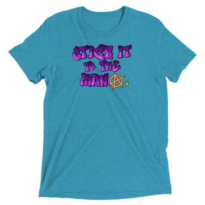 A Wizard Prints men's graphic rebel t-shirt in aqua with a printed graphic on the front of Stick-it-to-the-Man graphitti style 