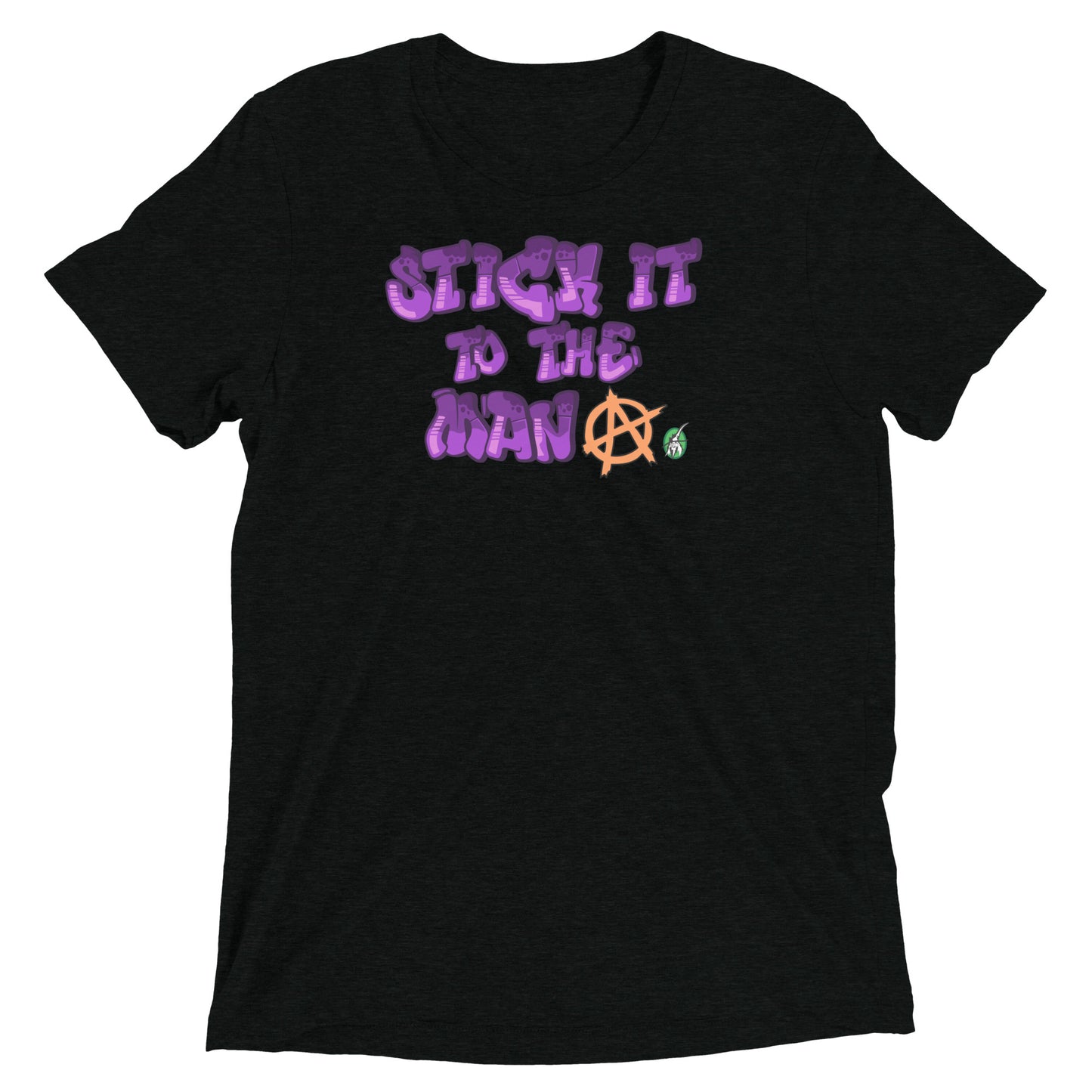 A Wizard Prints men's graphic rebel t-shirt in black with a printed graphic on the front of Stick-it-to-the-Man graphitti style 