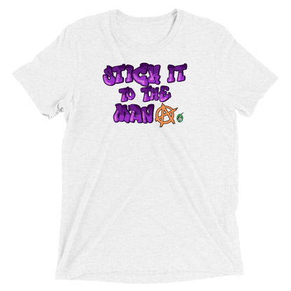 A Wizard Prints men's graphic rebel t-shirt in white with a printed graphic on the front of Stick-it-to-the-Man graphitti style 