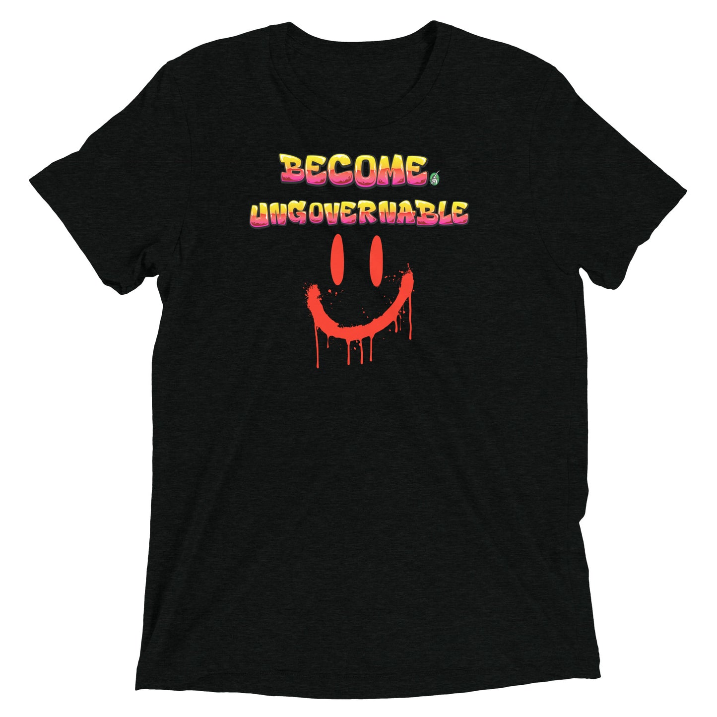 A Wizard Prints men's graphic rebel t-shirt in black with a printed graphic on the front of Ungovernable with weird smiley face graphitti style 