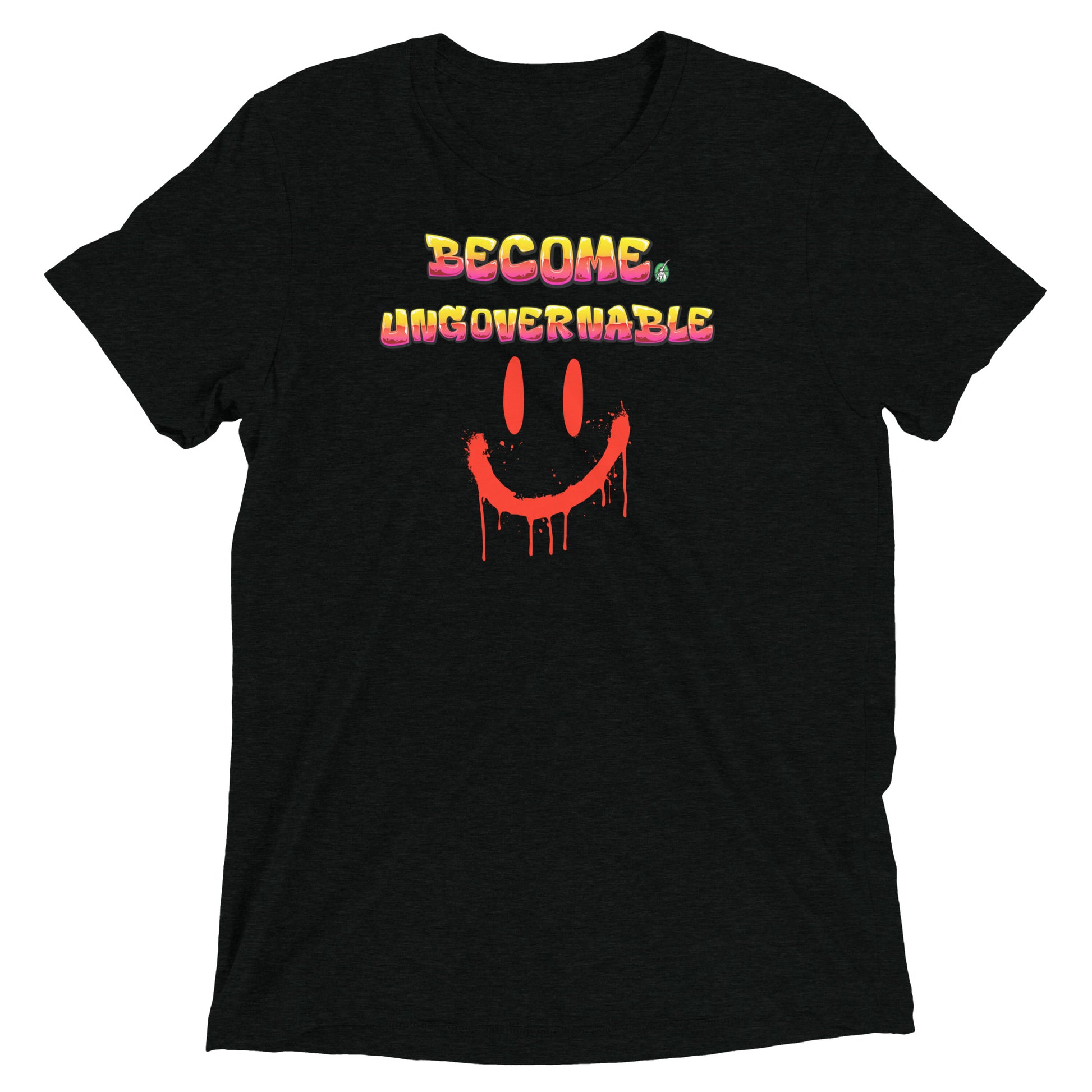 A Wizard Prints men's graphic rebel t-shirt in black with a printed graphic on the front of Ungovernable with weird smiley face graphitti style 