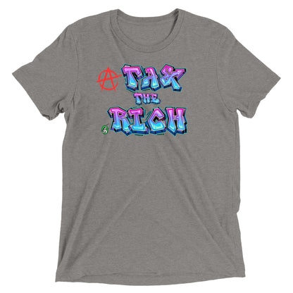 A Wizard Prints men's graphic rebel t-shirt in grey with a printed graphic on the front of Tax the Rich in graphitti style with anarchy symbol