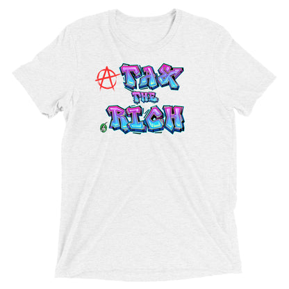 A Wizard Prints men's graphic rebel t-shirt in white with a printed graphic on the front of Tax the Rich in graphitti style with anarchy symbol