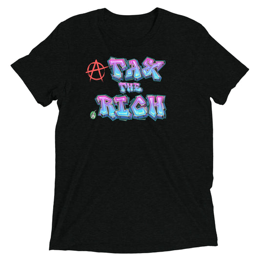 A Wizard Prints men's graphic rebel t-shirt in black with a printed graphic on the front of Tax the Rich in graphitti style with anarchy symbol