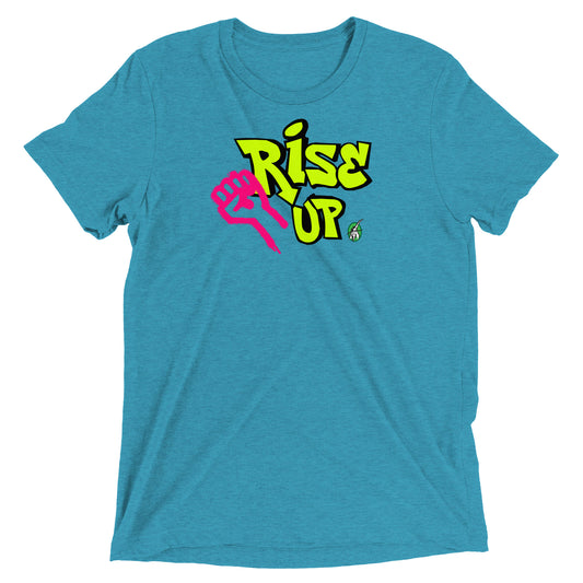 A Wizard Prints men's graphic rebel t-shirt in aqua with a printed graphic on the front of Rise Up graphitti style 