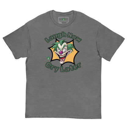 Men's dark grey t-shirt with a printed graphic of a clown with the words, 'Laugh Now, Cry Later'. Designed by Wizard Prints.