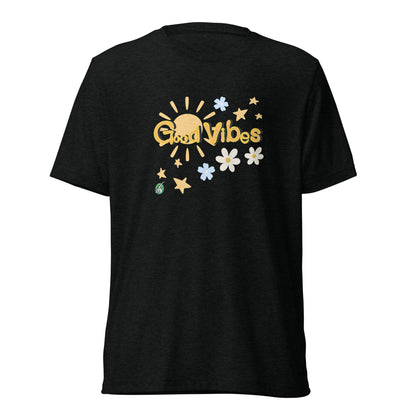 Men's black tee shirt with a printed graphic of the sun and the words, Good Vibes. Designed by Wizard Prints